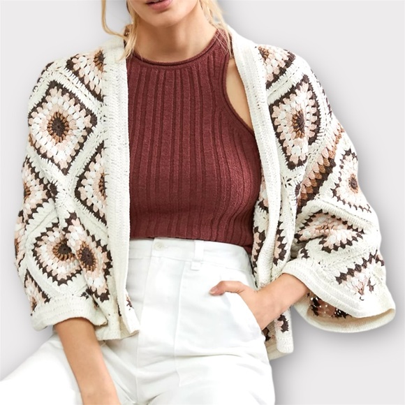 Anthropologie Sweaters - Anthropologie Amber Crochet Cardigan Sweater O/S Cream Granny Square Cottagecore